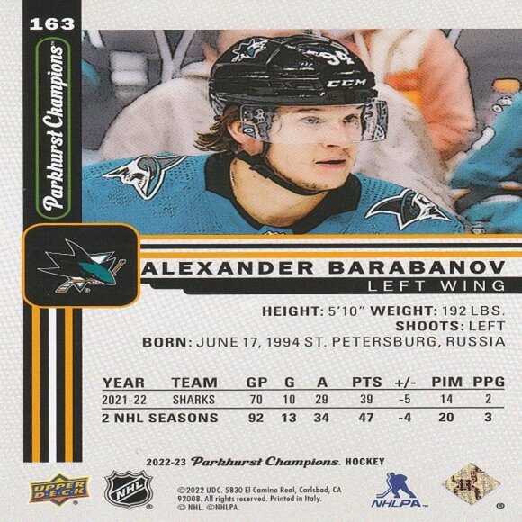 Alexander Barabanov - 2022/2023 Parkhurst Champions Hockey Card - Picture 2 of 2